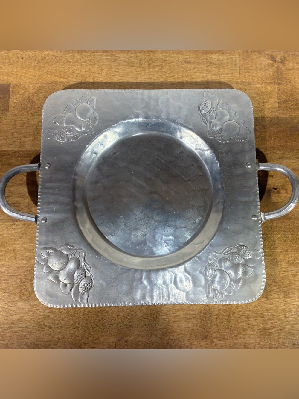Vintage E.M.P.C. Forged Aluminum Intaglio Fruit Tray Platter Handles